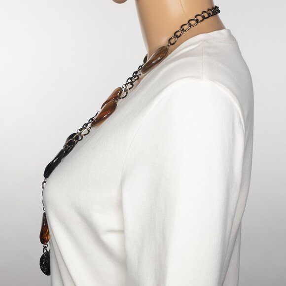 Brown/Amber Black And Spotted Large‎ Beads On A Dark Chain Necklace - Picture 2 of 10